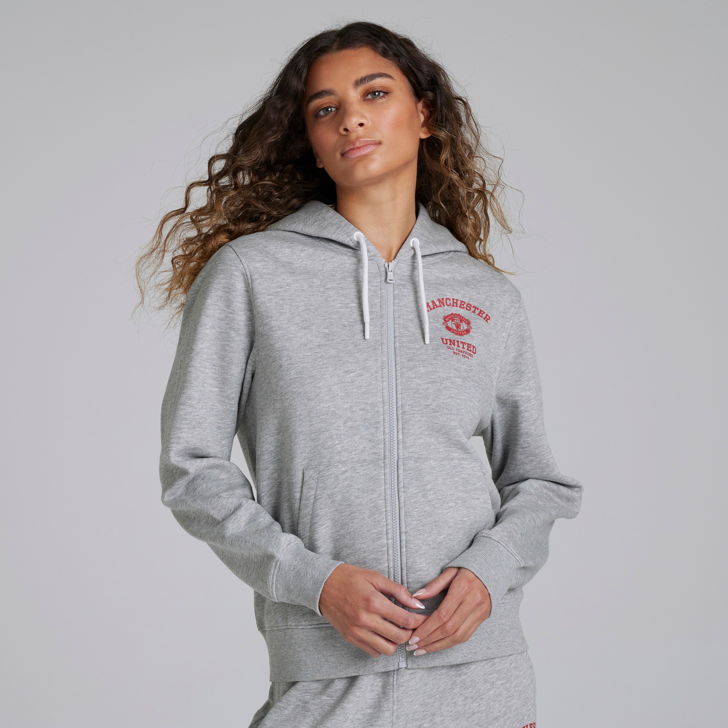 Manchester United Womens Varsity Full Zip Hoodie Grey Grey