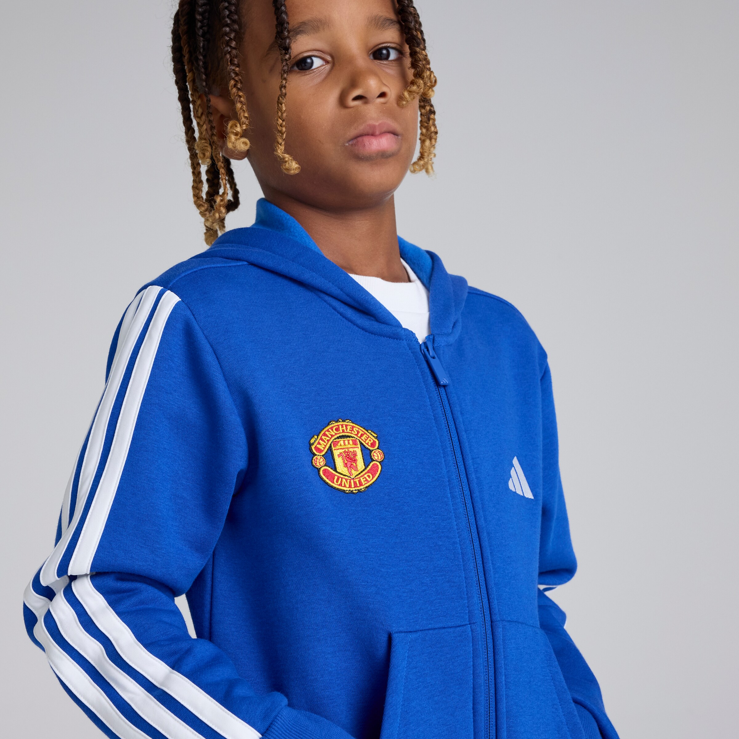 Manchester United x adidas Kids Essentials 3-Stripes Fleece Full-Zip Hoodie Blue Blue Detail [5-6]