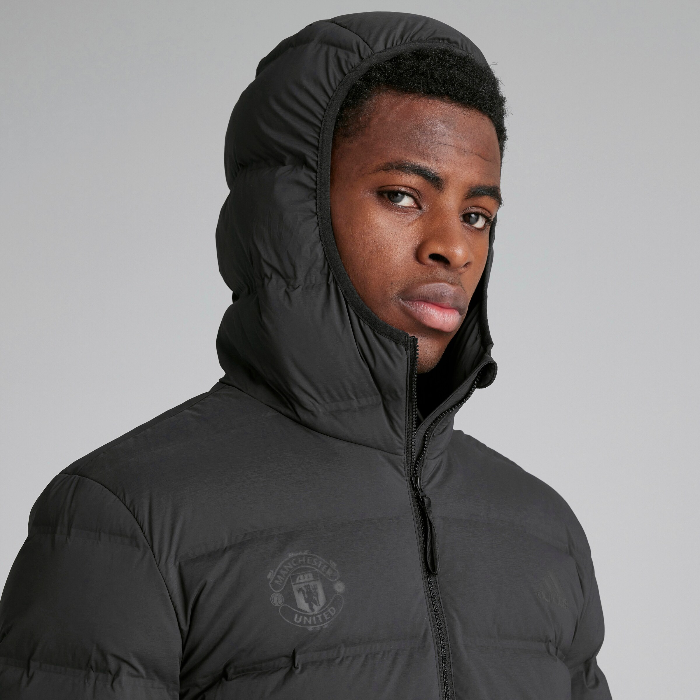 Manchester United x adidas Helionic Stretch Hooded Down Jacket Black Detail [5-6]
