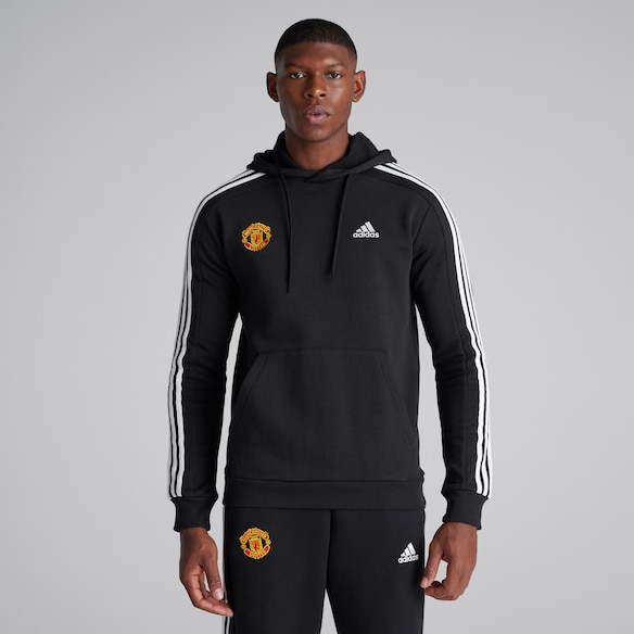 Manchester United x adidas Mens Essentials Fleece 3-Stripes Hoodie Black Black