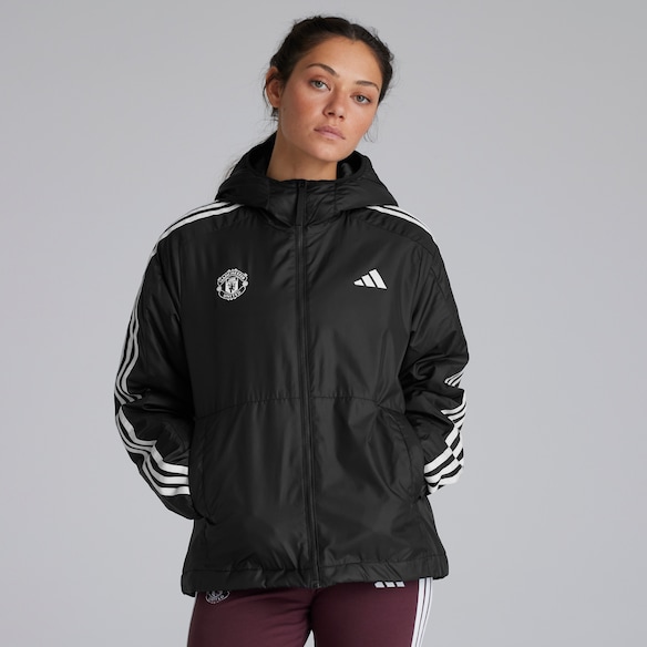 Manchester United x adidas Womens Essentials 3S Insulated Hooded Jacket Black Black