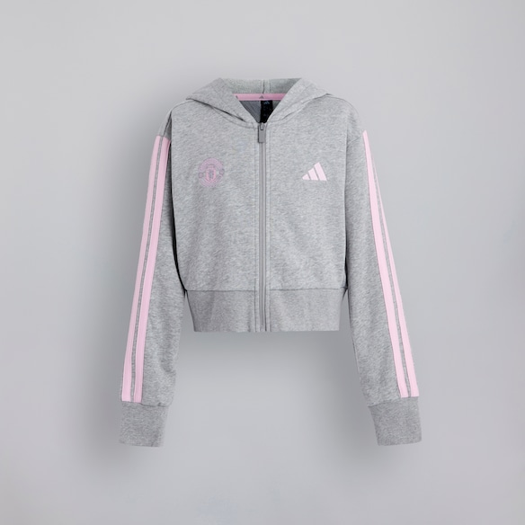 Manchester United x adidas Kids Essentials Full Zip Cropped Hoodie Grey Marl Grey