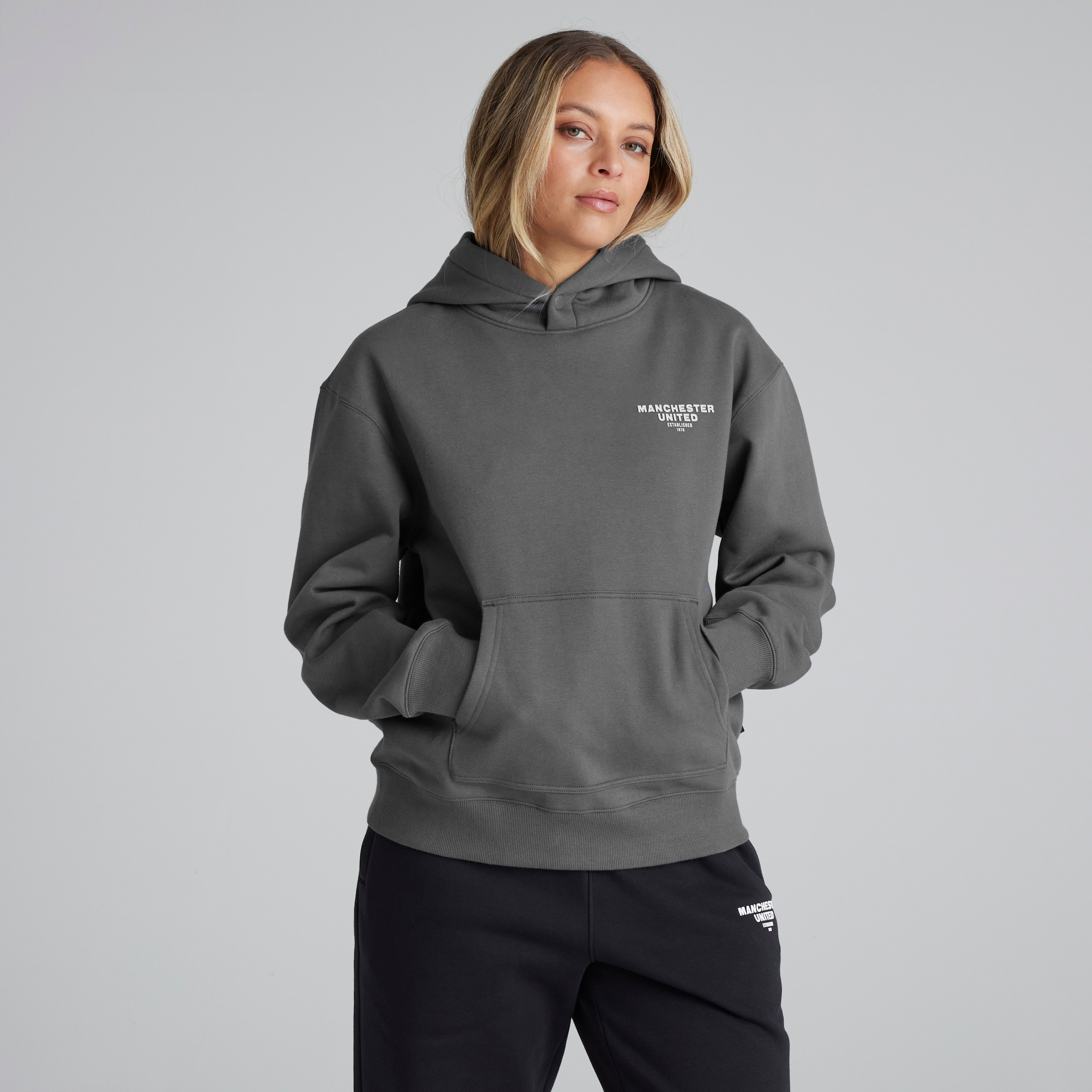 Manchester United Womens Back Print Overhead Hoodie Slate Grey