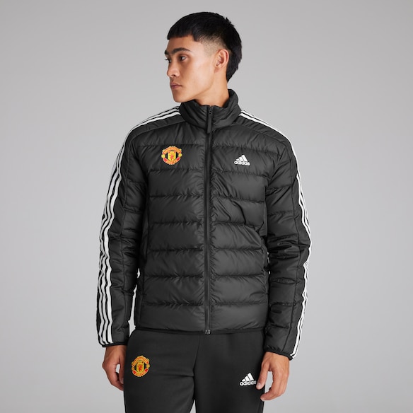 Manchester United x adidas Mens Essentials 3-Stripes Light Down Jacket Black Black