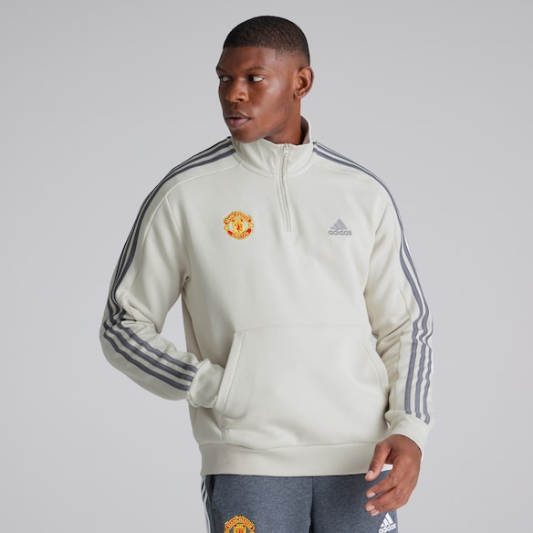 Manchester United x adidas Mens Essentials Fleece 3-Stripes 1/4 Zip Sweatshirt Off White White