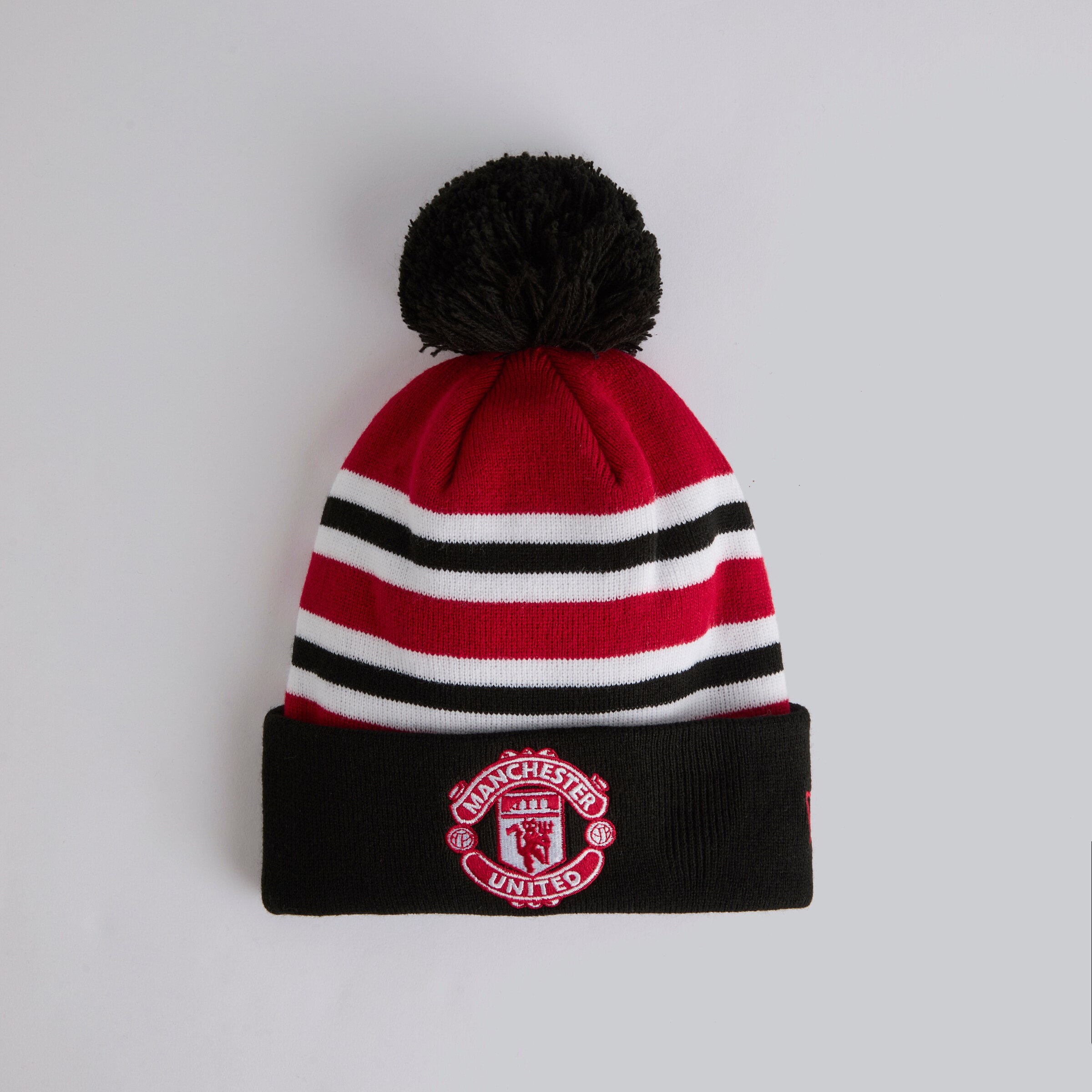 Manchester United x New Era Bar Stripe Bobble Beanie Red Black