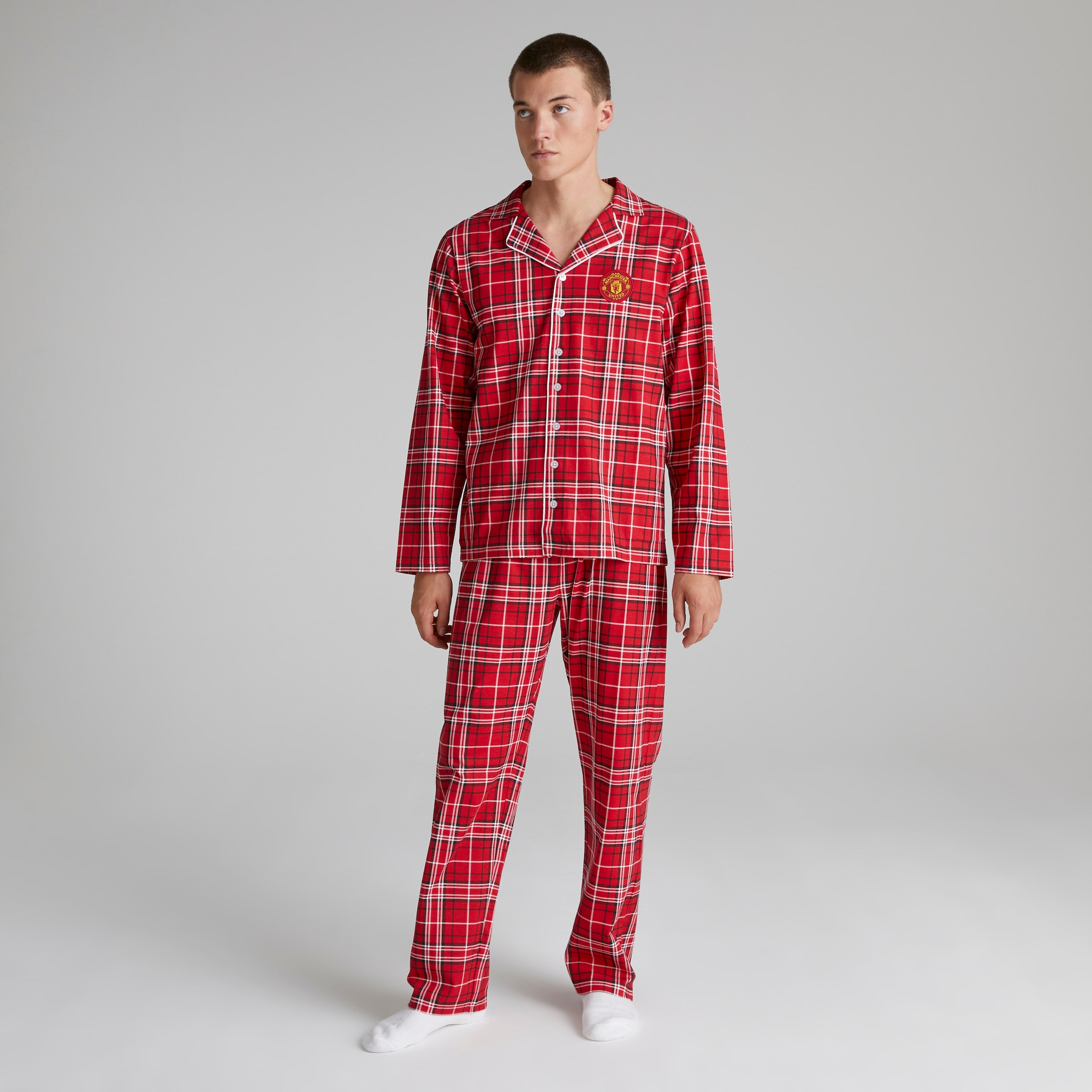 Buy Manchester United Mens Check Long Sleeve Pyjama Set Red
