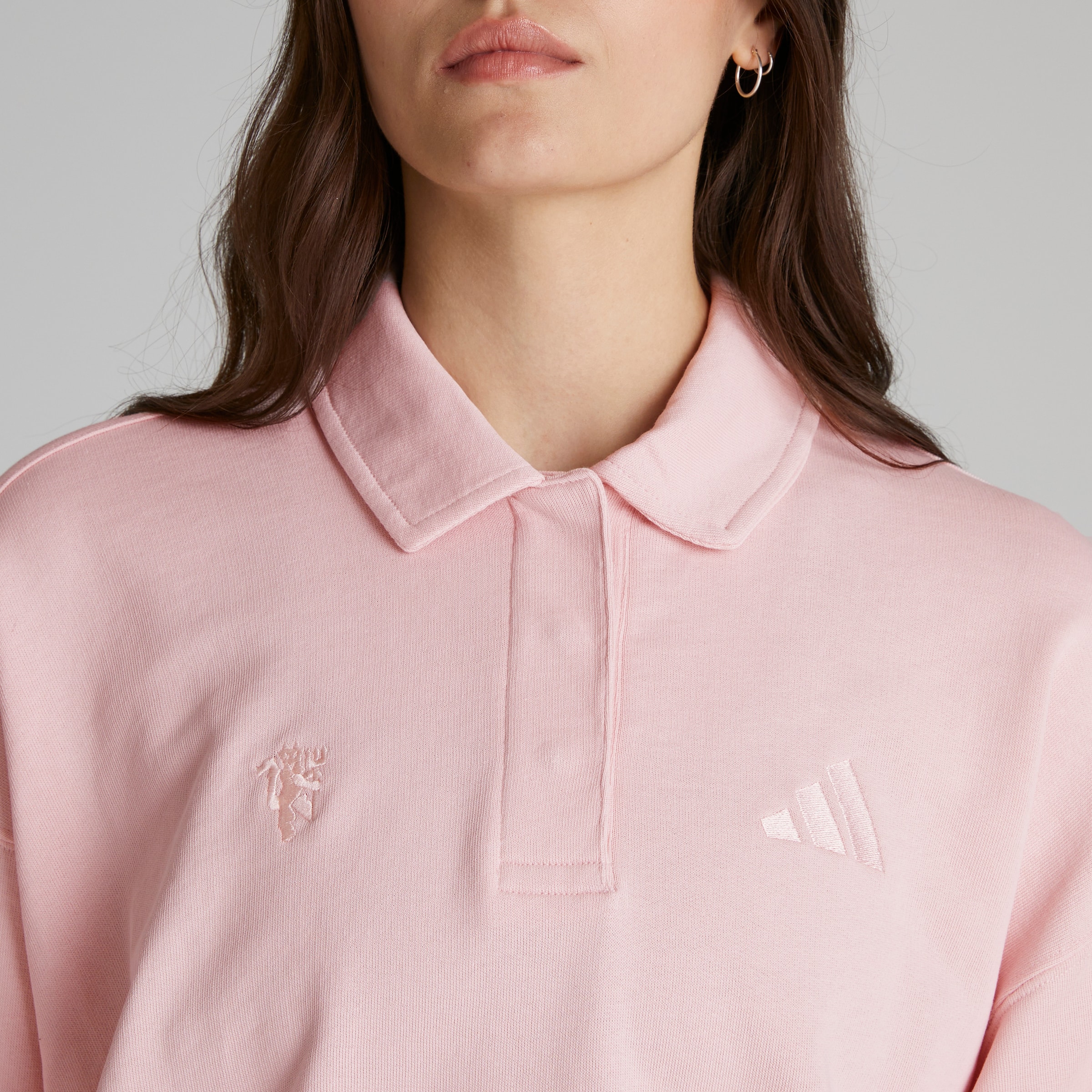 Manchester United x adidas Womens ALL SZN French Terry Polo Sweatshirt Pink Pink Detail [4-7]