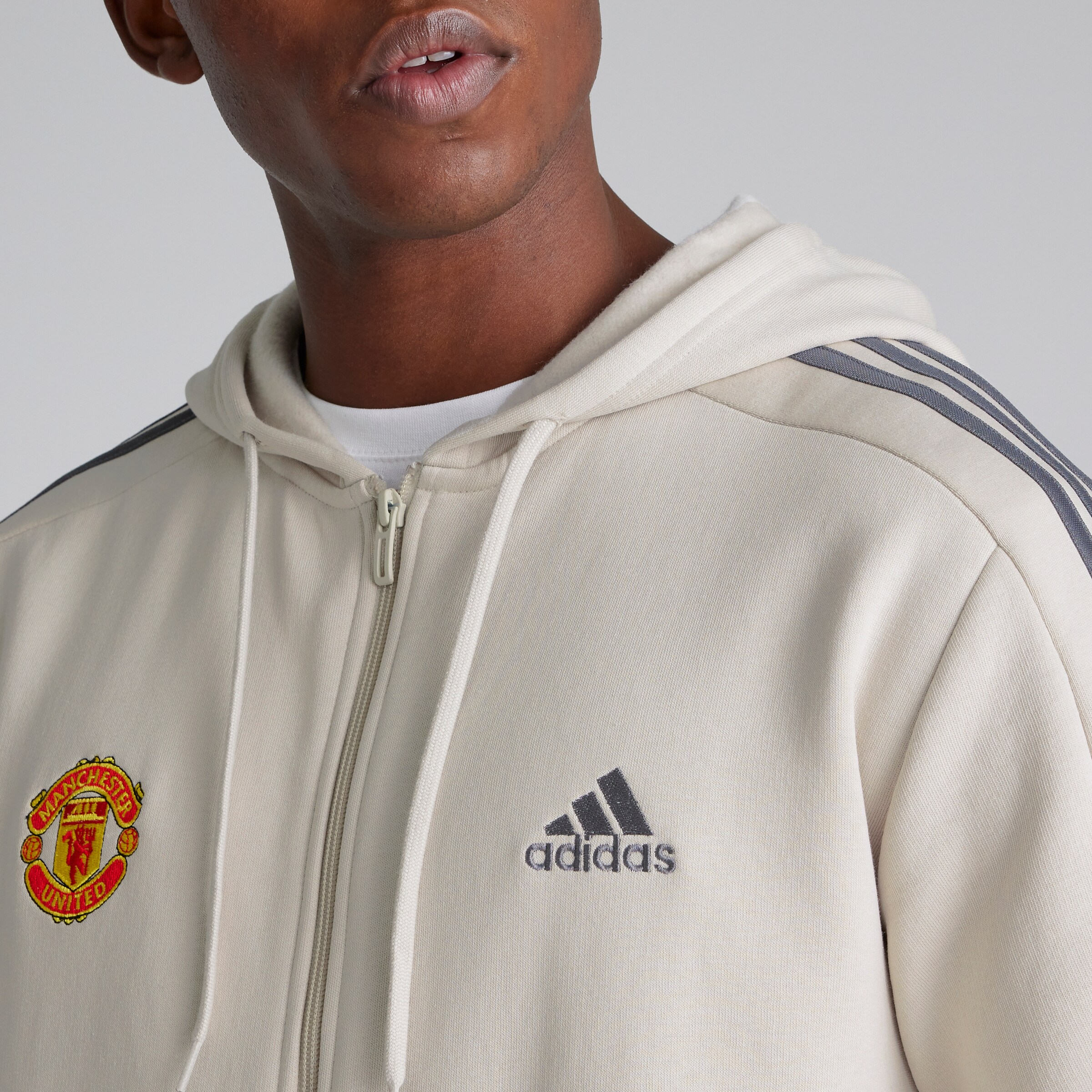 Buy Manchester United x adidas Mens Essentials Fleece 3 Stripes Full Zip Hoodie Off White Manchester United Store