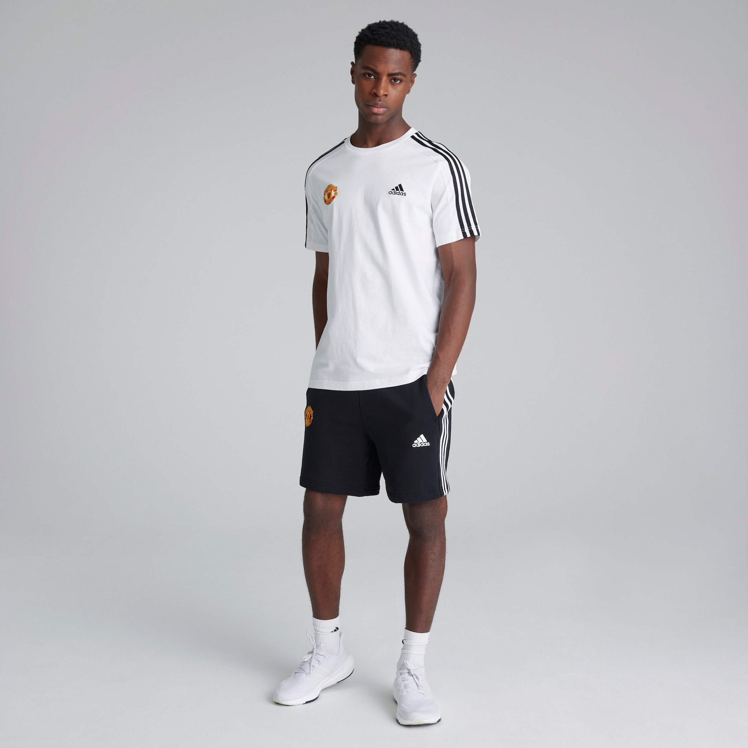 Manchester United Adidas Mens Essentials French Terry 3-Stripes Shorts Black Black Detail [3-6]