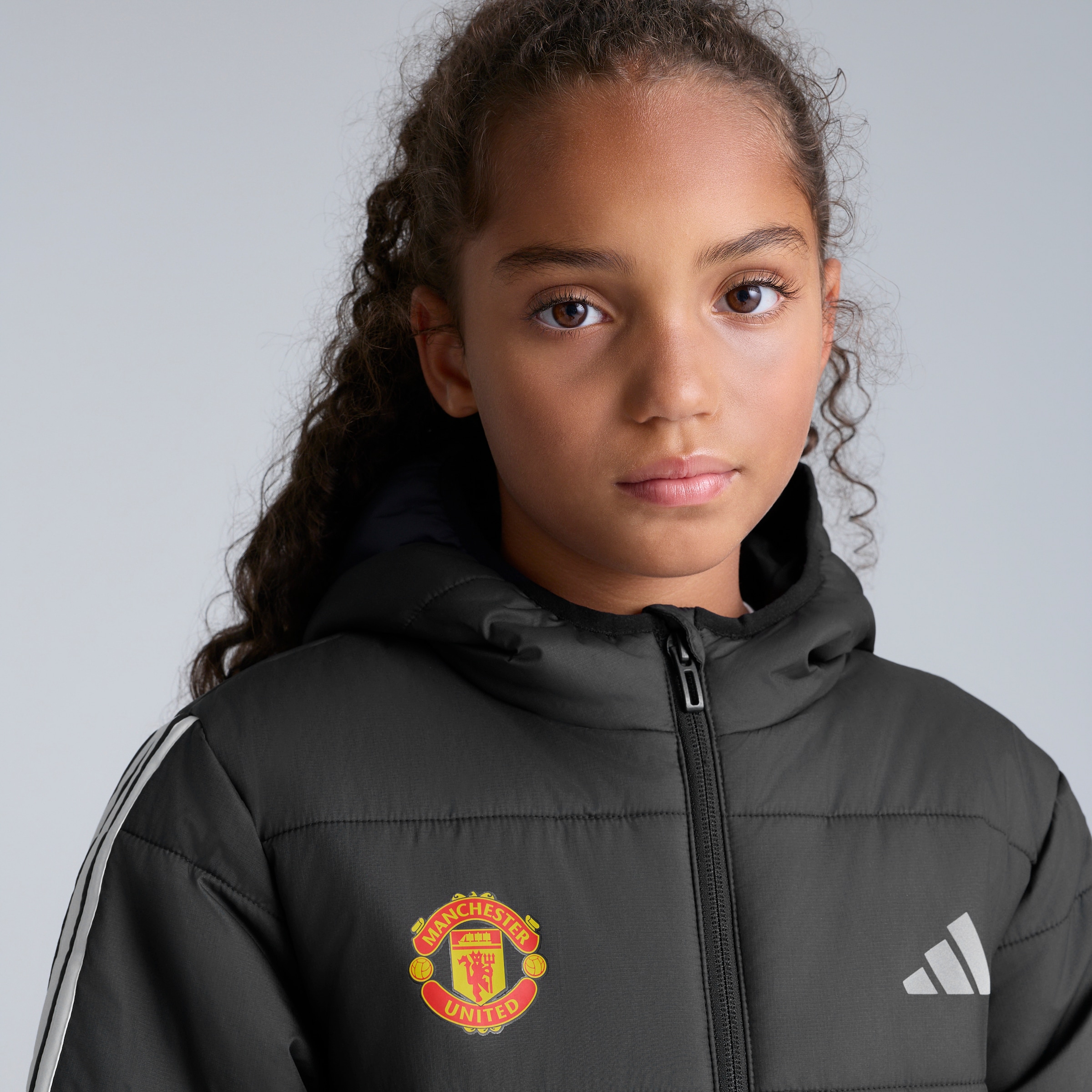 Manchester United x adidas Kids Essentials 3-Stripes Padded Jacket Black Black Detail [4-6]