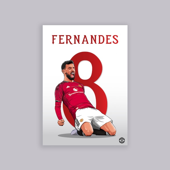 Manchester United Bruno Fernandes Illustrated A2 Poster White White
