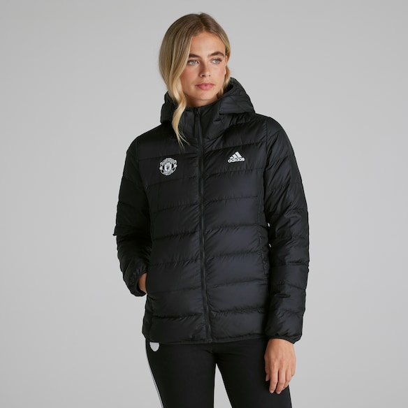 Manchester United x adidas Womens Essentials Light Down Hooded Jacket Black Black