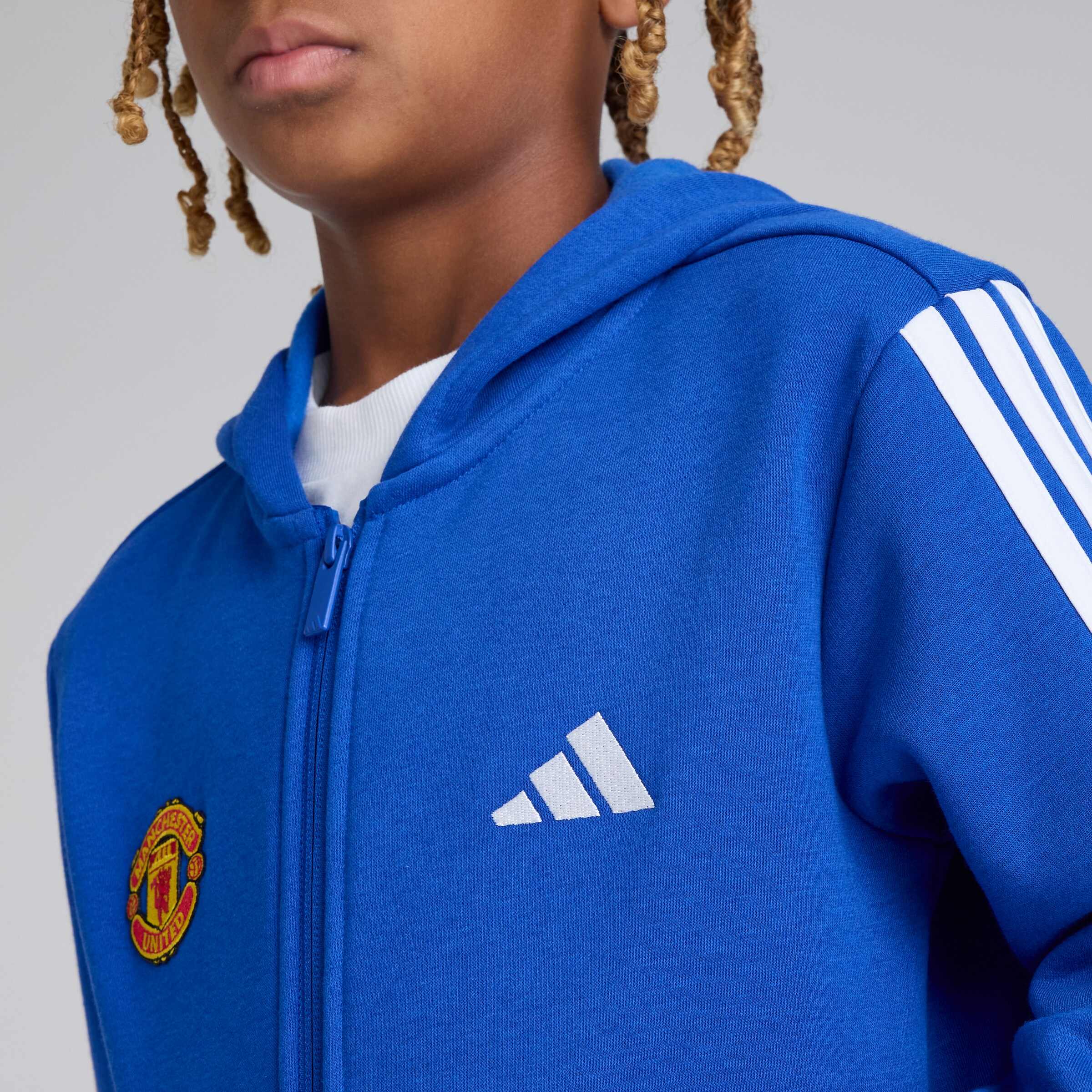 Manchester United x adidas Kids Essentials 3-Stripes Fleece Full-Zip Hoodie Blue Blue Detail [6-6]