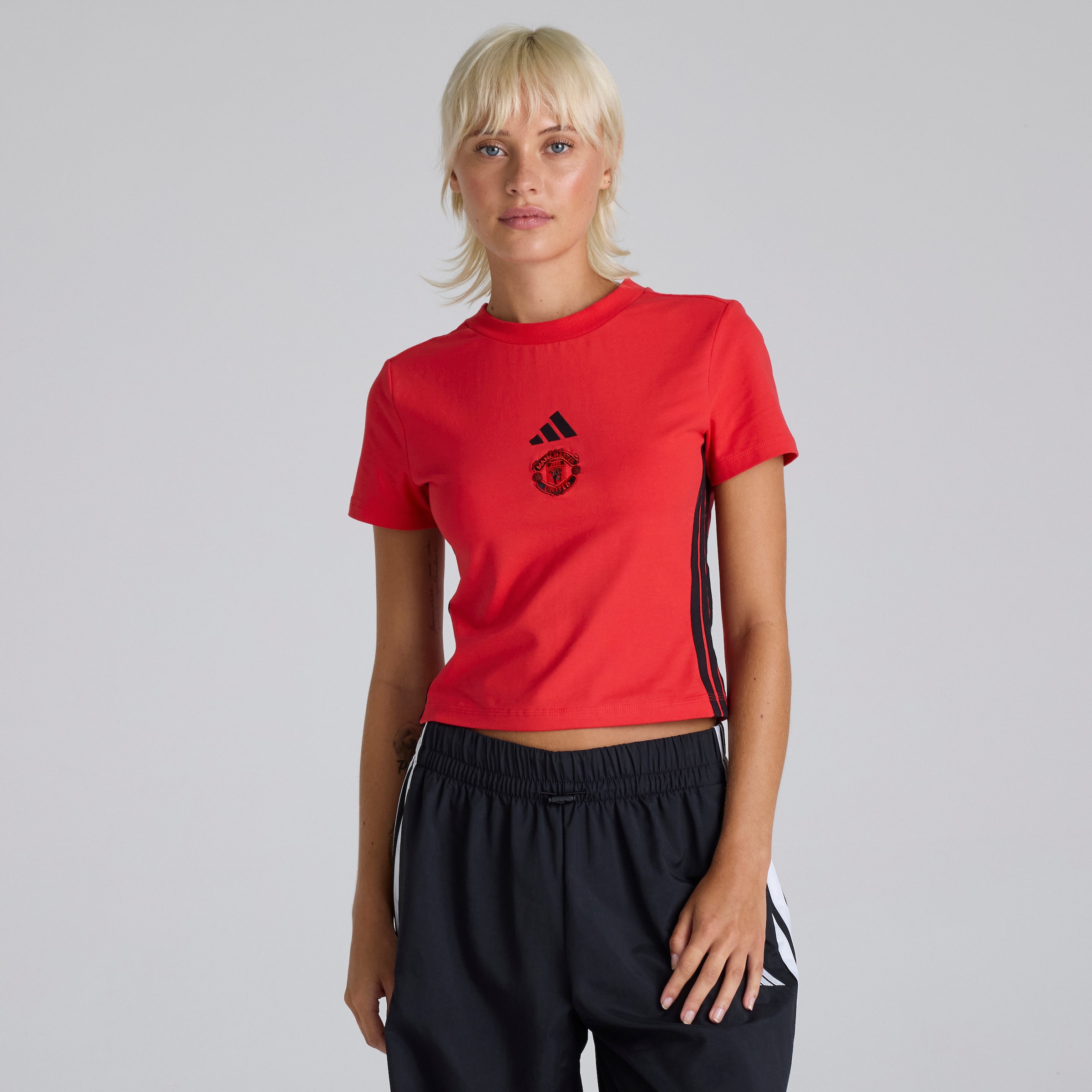 Manchester United x adidas Womens Essentials 3-Stripes Baby Tee Red Red