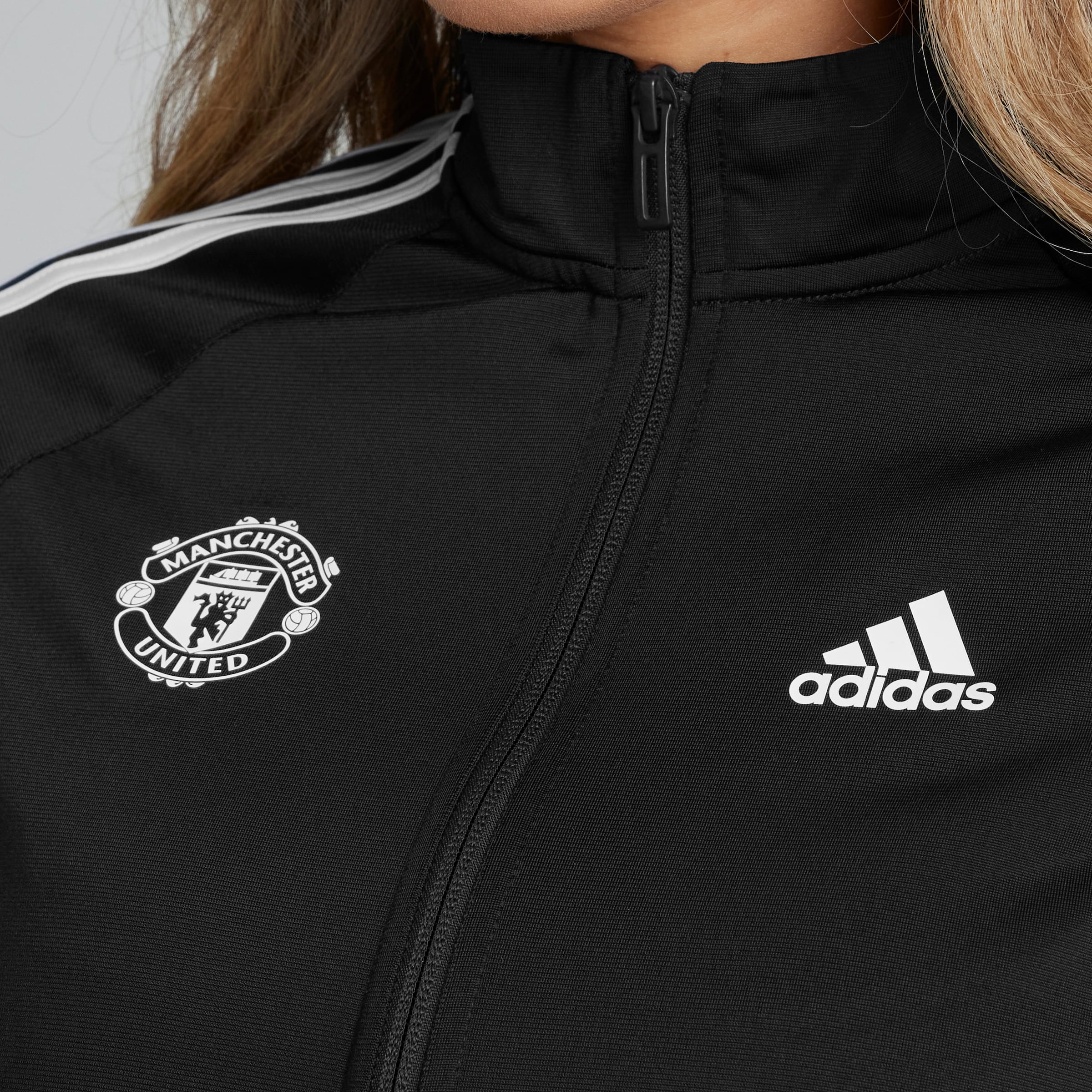 Manchester United x adidas Womens Essentials 3-Stripes Slim Track Top Black Black Detail [4-6]