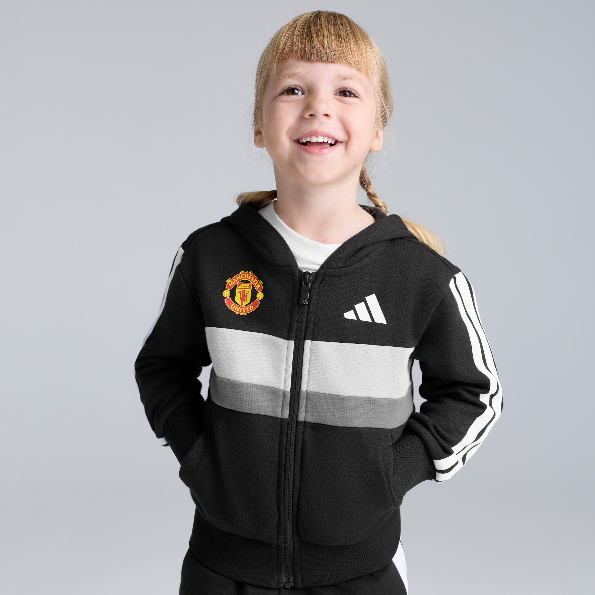 Manchester United x adidas Little Kids Essentials Tibero Fleece Tracksuit Black Black Detail [3-6]