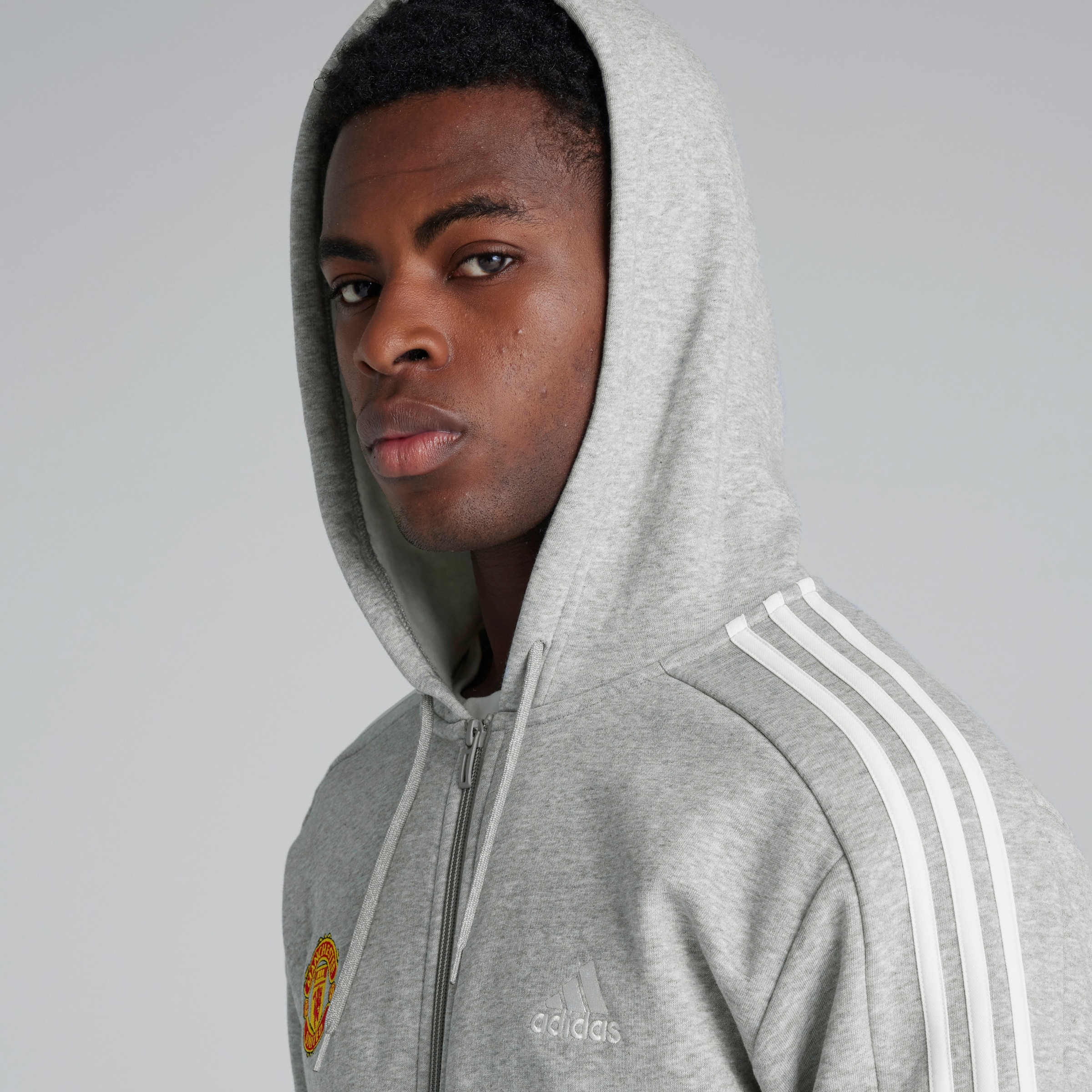Manchester United x adidas Essentials Fleece 3-Stripes Hoodie Grey Grey Detail [6-6]