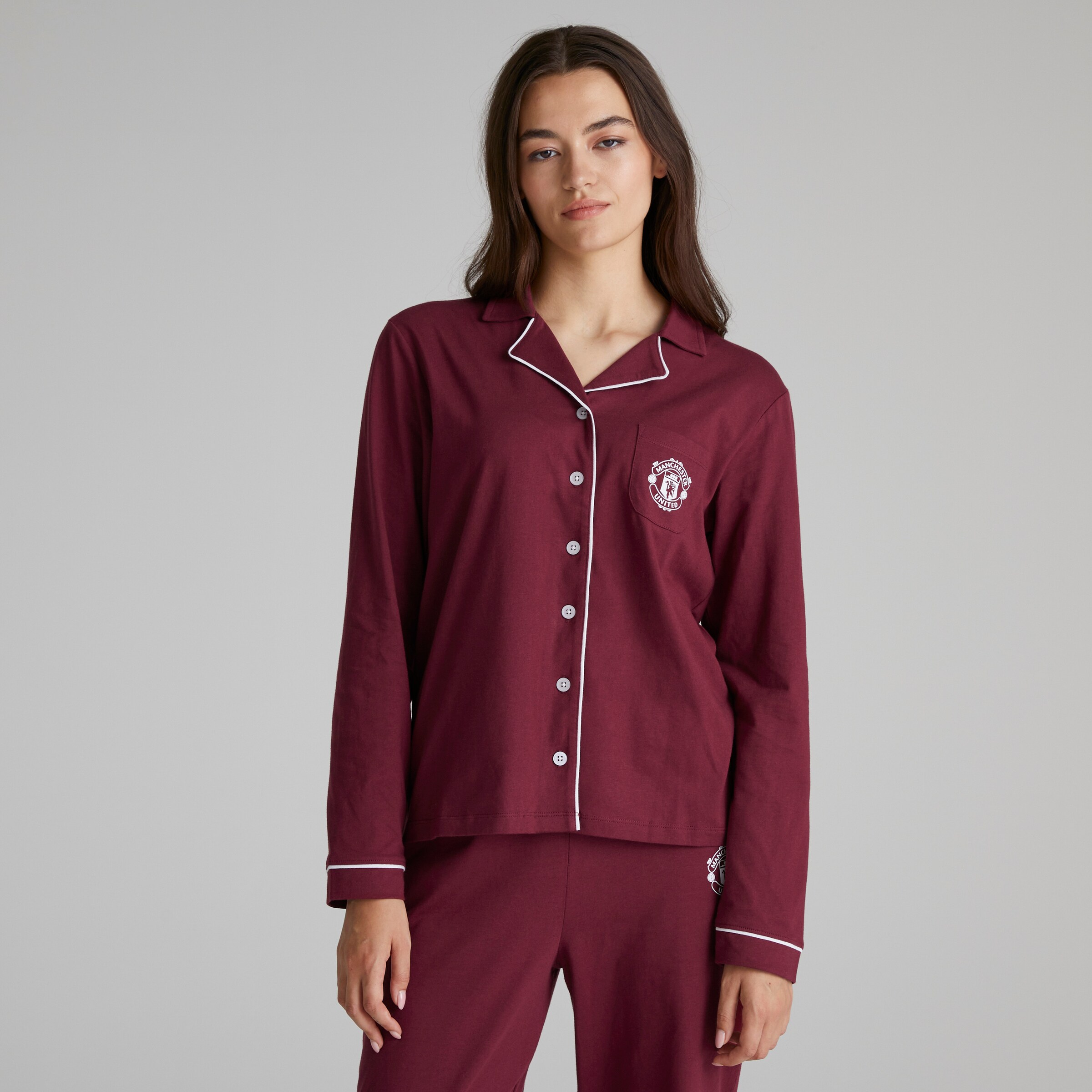 Manchester United Womens Button Through Pyjama Set Burgundy Detail [3-6]