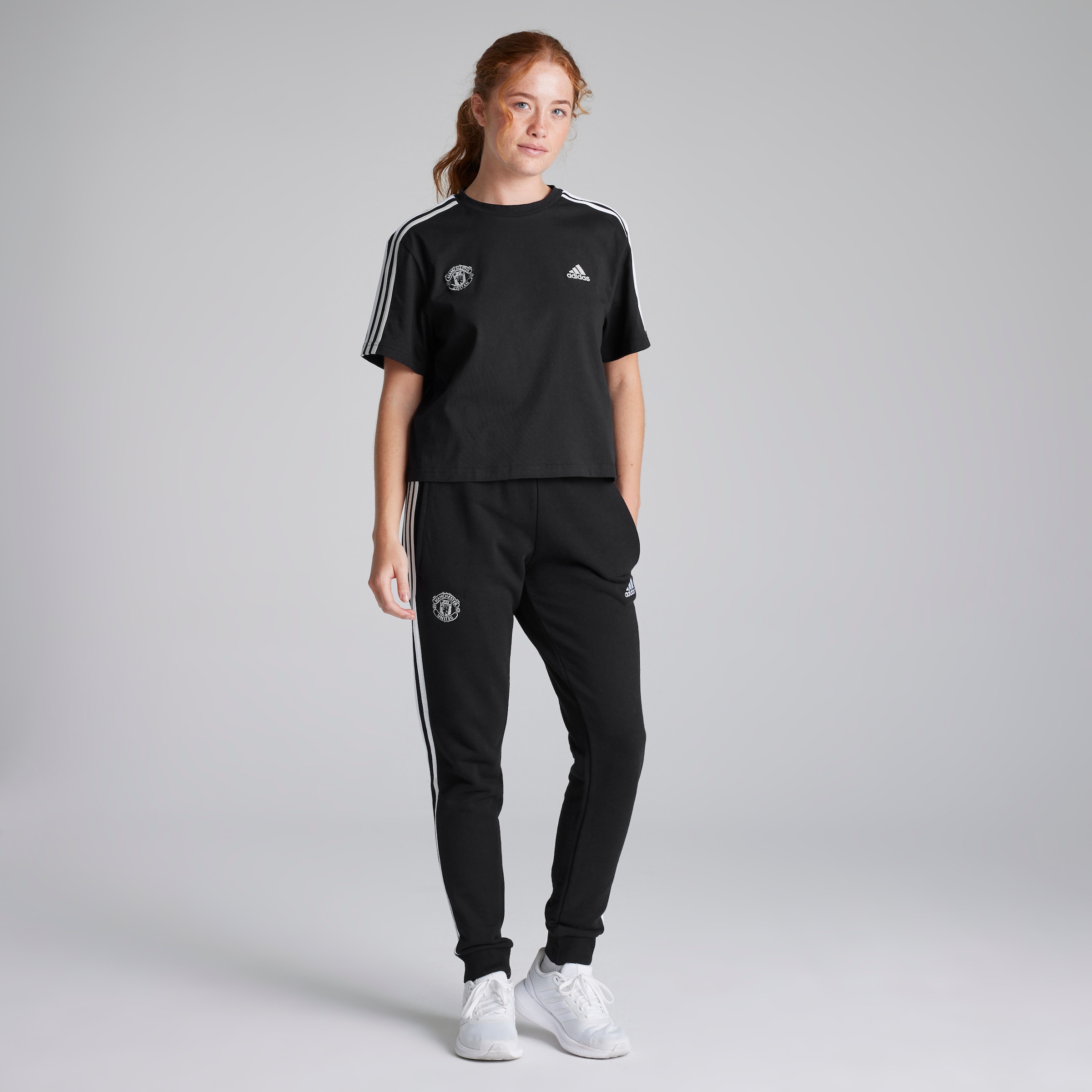 Manchester United x adidas Womens Essentials 3-Stripes Single Jersey Crop Top Black Black Detail [3-7]