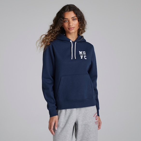 Manchester United Womens Varsity Back Print Overhead Hoodie Navy Navy blue