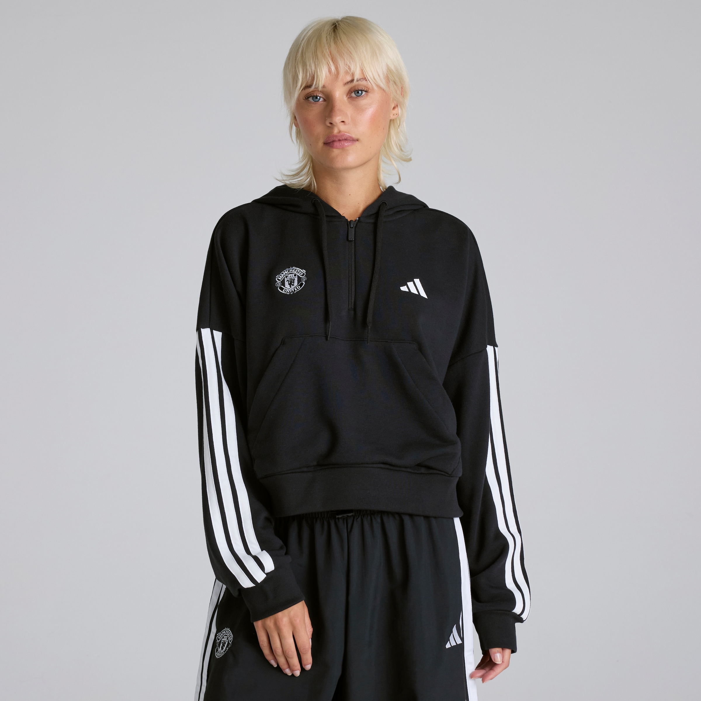 Manchester United x adidas Womens Essentials 3-Stripes 1/4-Zip Hoodie Black Black