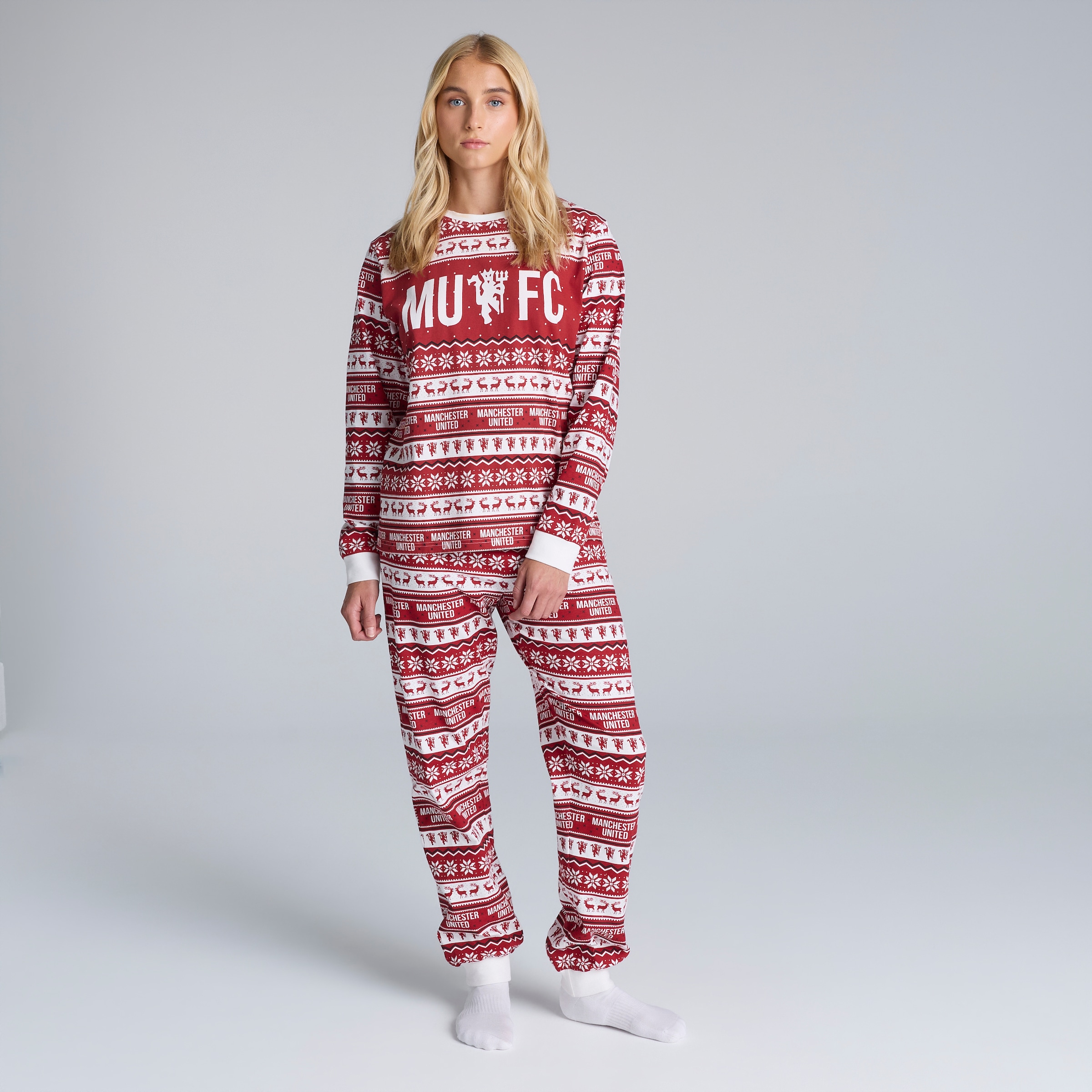 Manchester United Womens Christmas Fairisle Pyjamas Red Multi