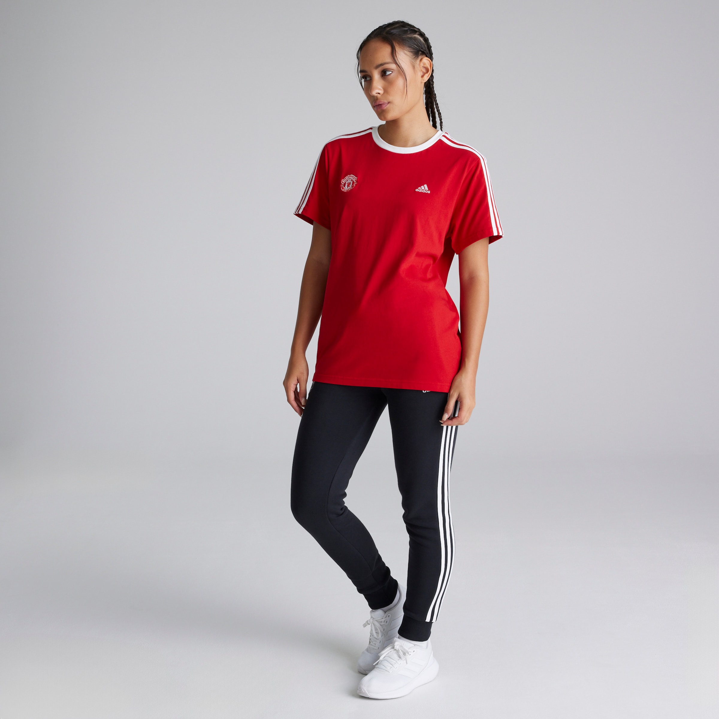 Manchester United x adidas Womens Essentials 3-Stripes T-Shirt Red Red Detail [3-7]
