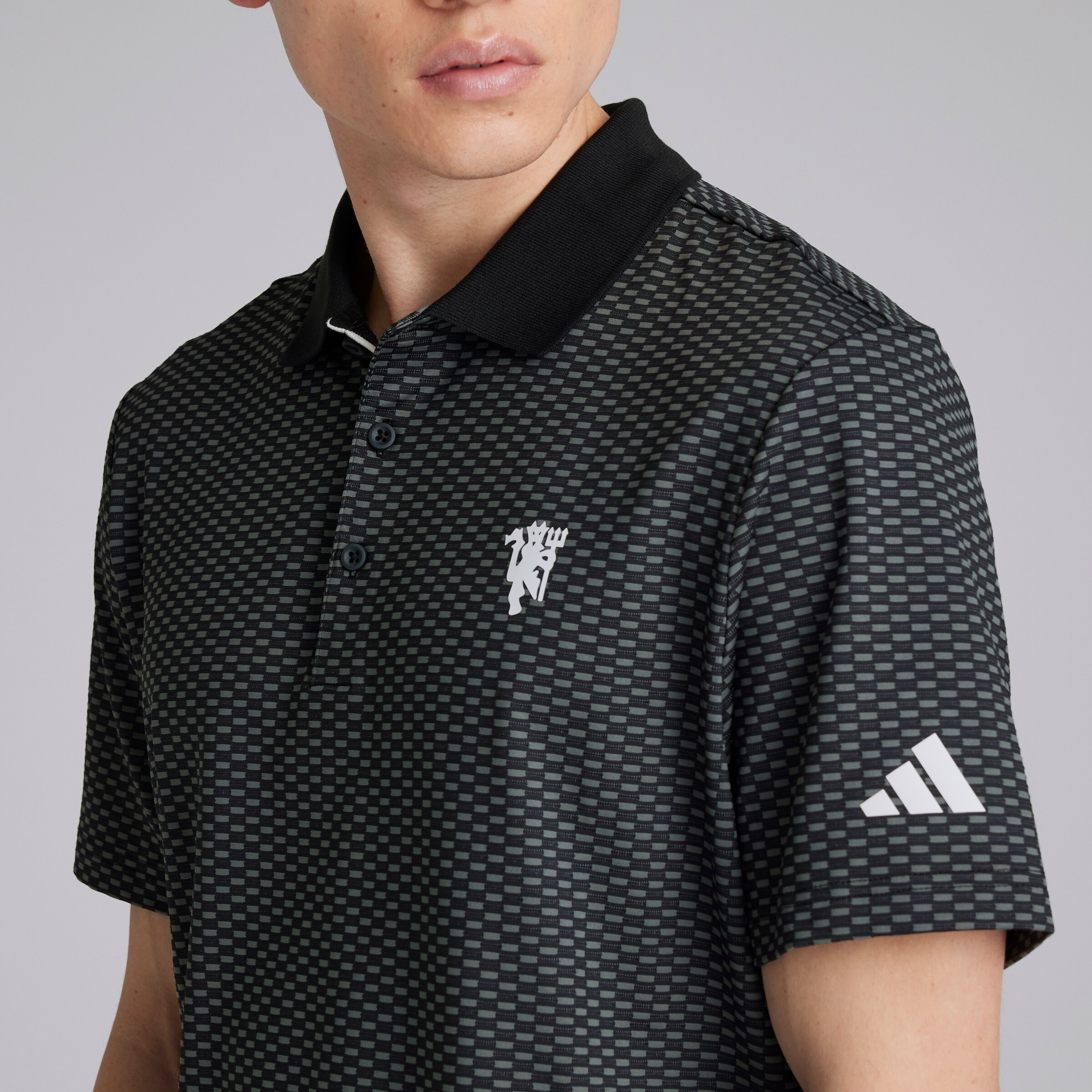 Manchester United x adidas Golf Textured Polo Shirt Black Black Detail [5-5]