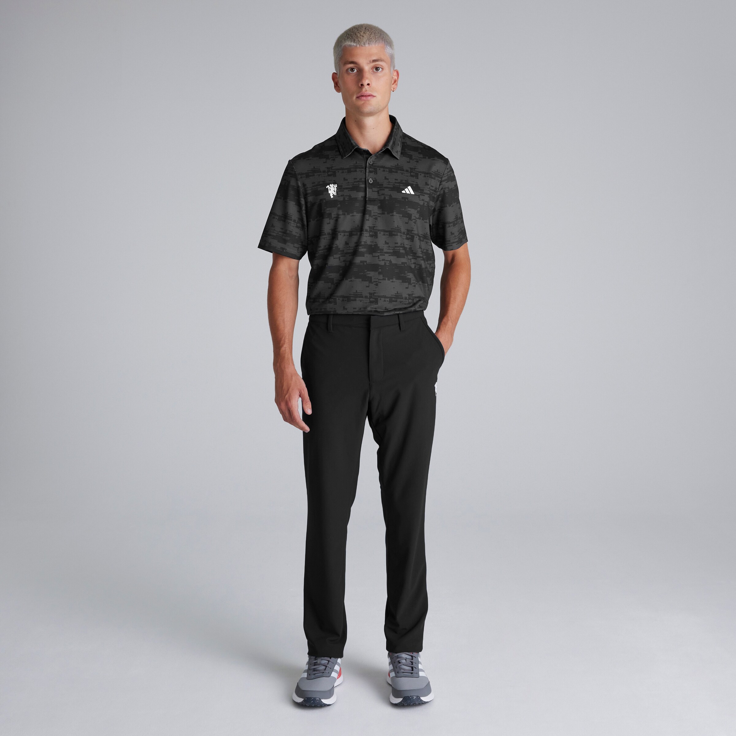 Manchester United x adidas Mens Golf Ultimate365 HEAT.RDY Stripe Polo Shirt Grey Grey Detail [3-7]