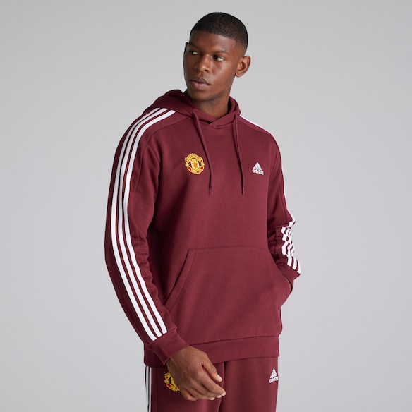 Manchester United x adidas Mens Essentials Fleece 3-Stripes Hoodie Burgundy Red