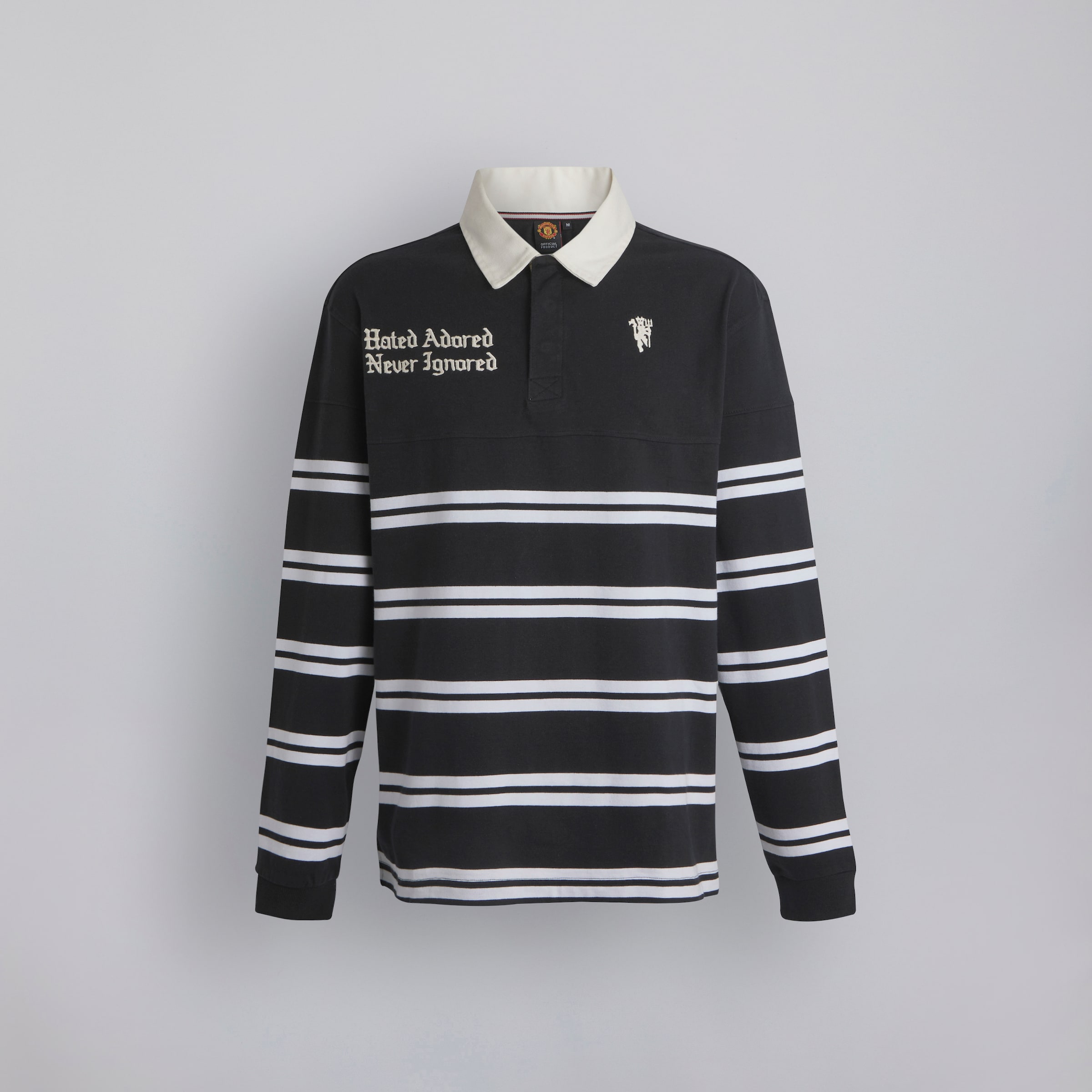 Manchester United Hated Adored Never Ignored Stripe Rugby Polo Shirt Black Black