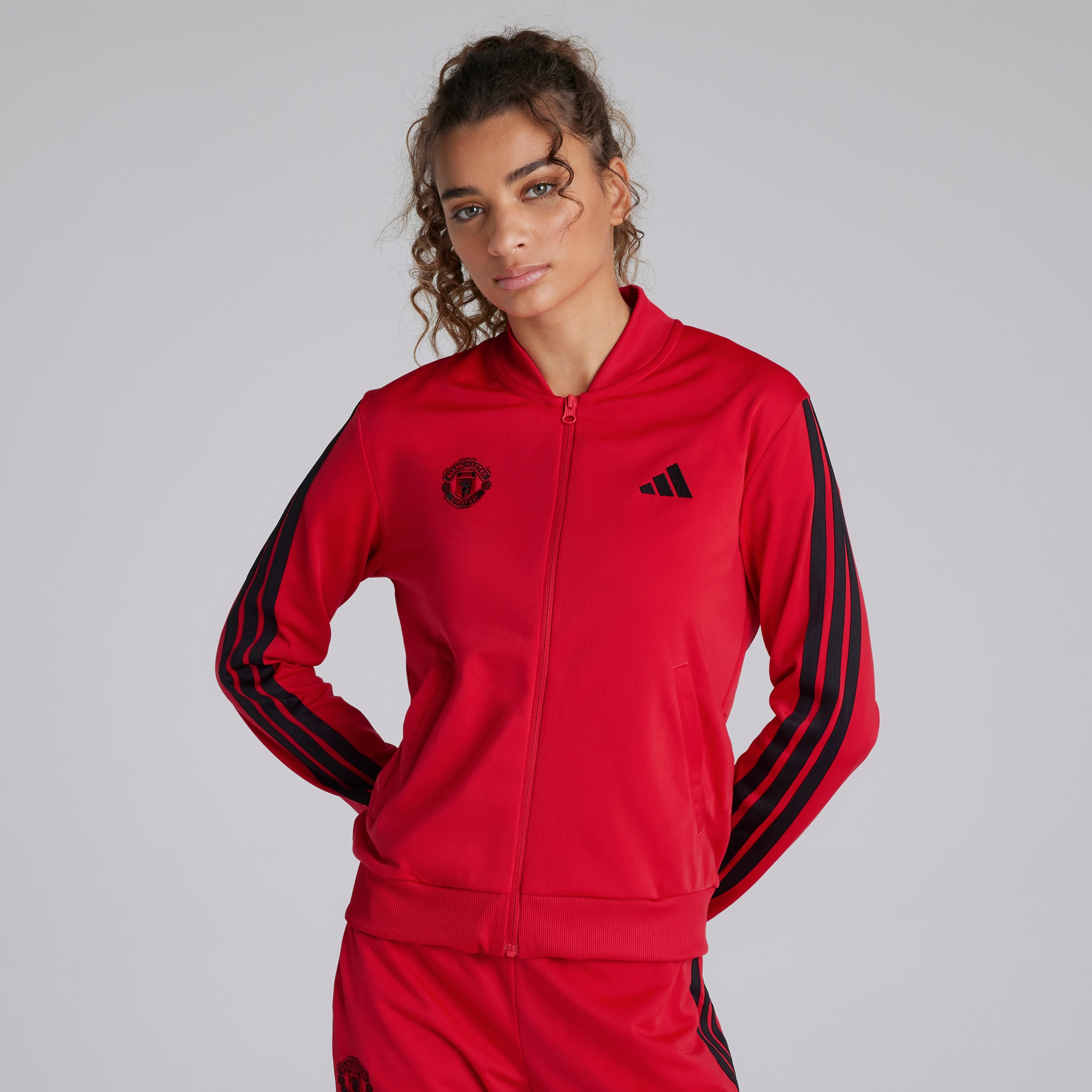 Manchester United x adidas Womens Essentials 3-Stripes Tracksuit Red Red Detail [3-5]