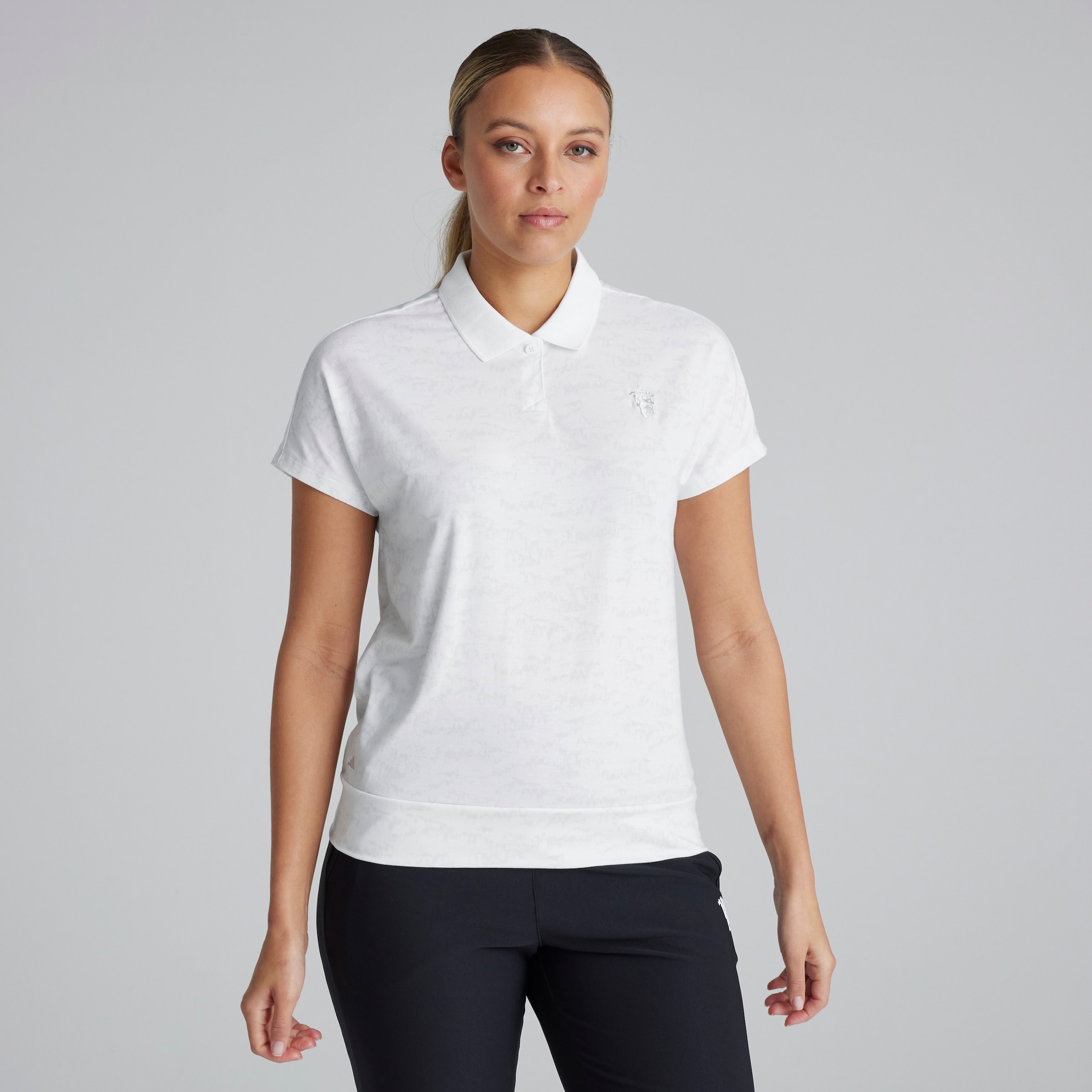 Manchester United x adidas Womens Golf Go-To Polo Shirt White/Grey White Detail [1-4]