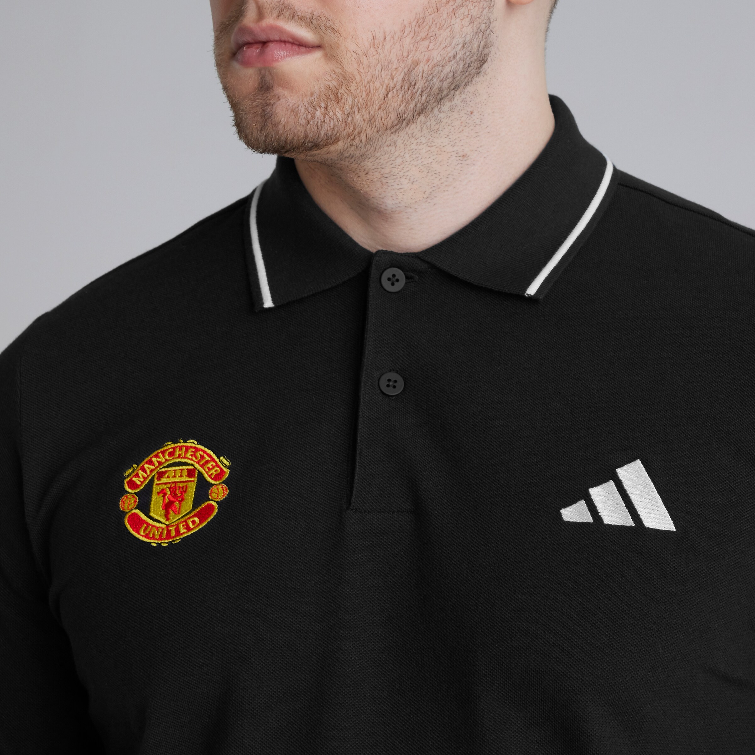 Manchester United x adidas Essentials Pique Polo Shirt Black Black Detail [4-4]