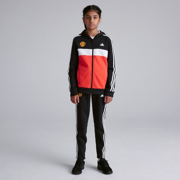 Manchester United x adidas Kids Tiberio 3-Stripes Colourblock Fleece Tracksuit Black/Red Black