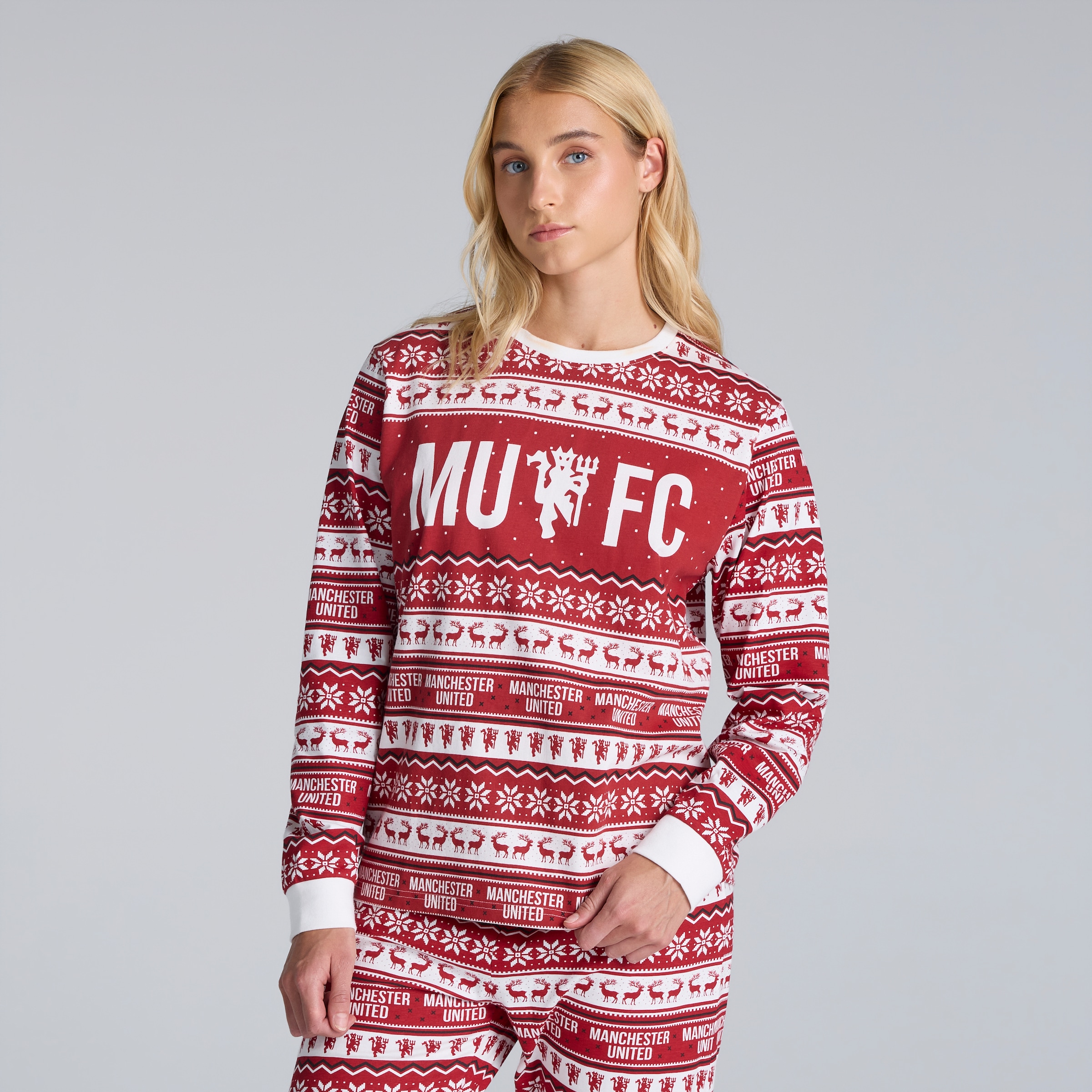Manchester United Womens Christmas Fairisle Pyjamas Red Multi Detail [3-6]