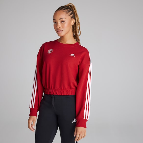 Manchester United x adidas Womens Essentials 3-Stripes Crop Sweatshirt Red Red
