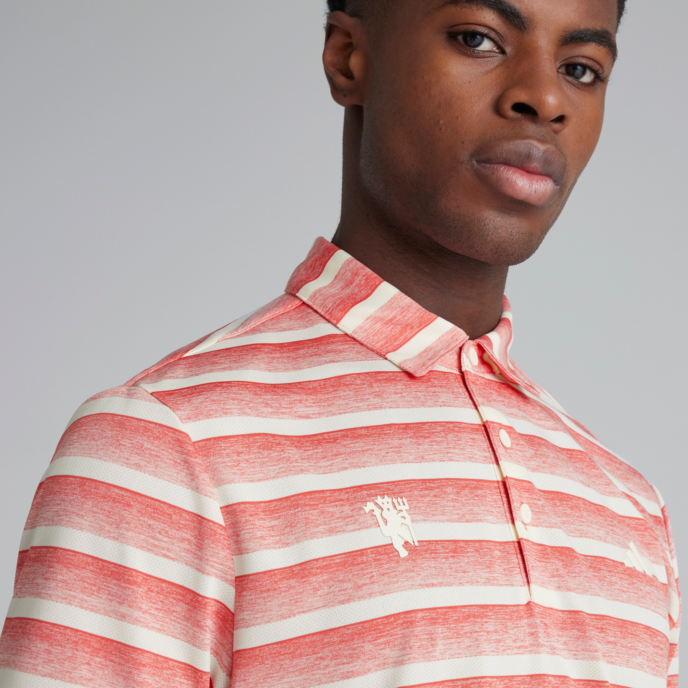 Manchester United x adidas Golf Striped Polo Shirt Red Red Detail [4-5]