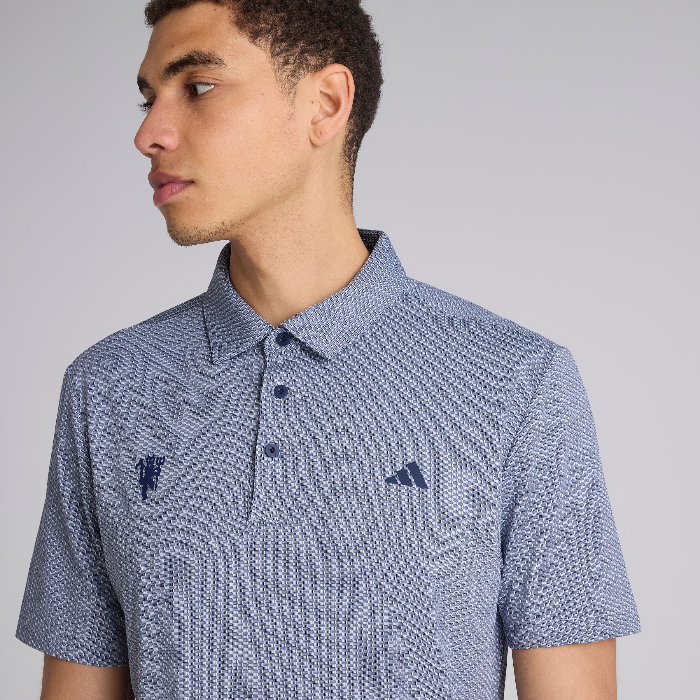 Manchester United x adidas Golf Performance Textured Polo Shirt Navy White Detail [4-4]