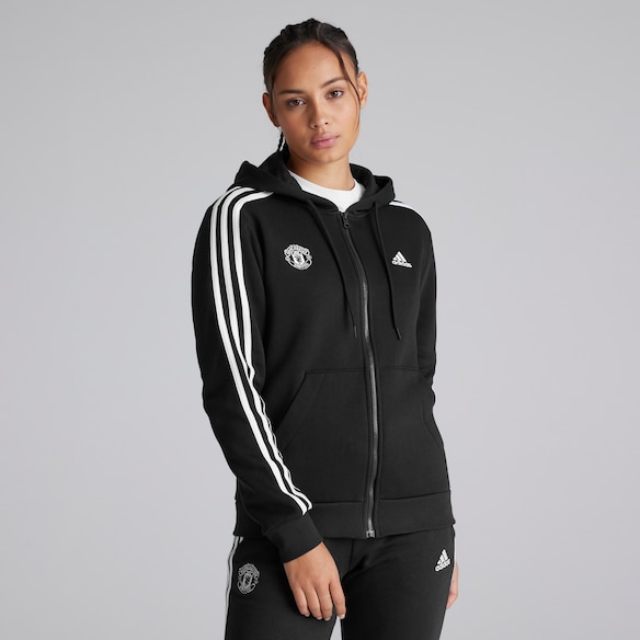 Manchester United x adidas Womens Essentials 3-Stripes Full-Zip Fleece Hoodie Black Black