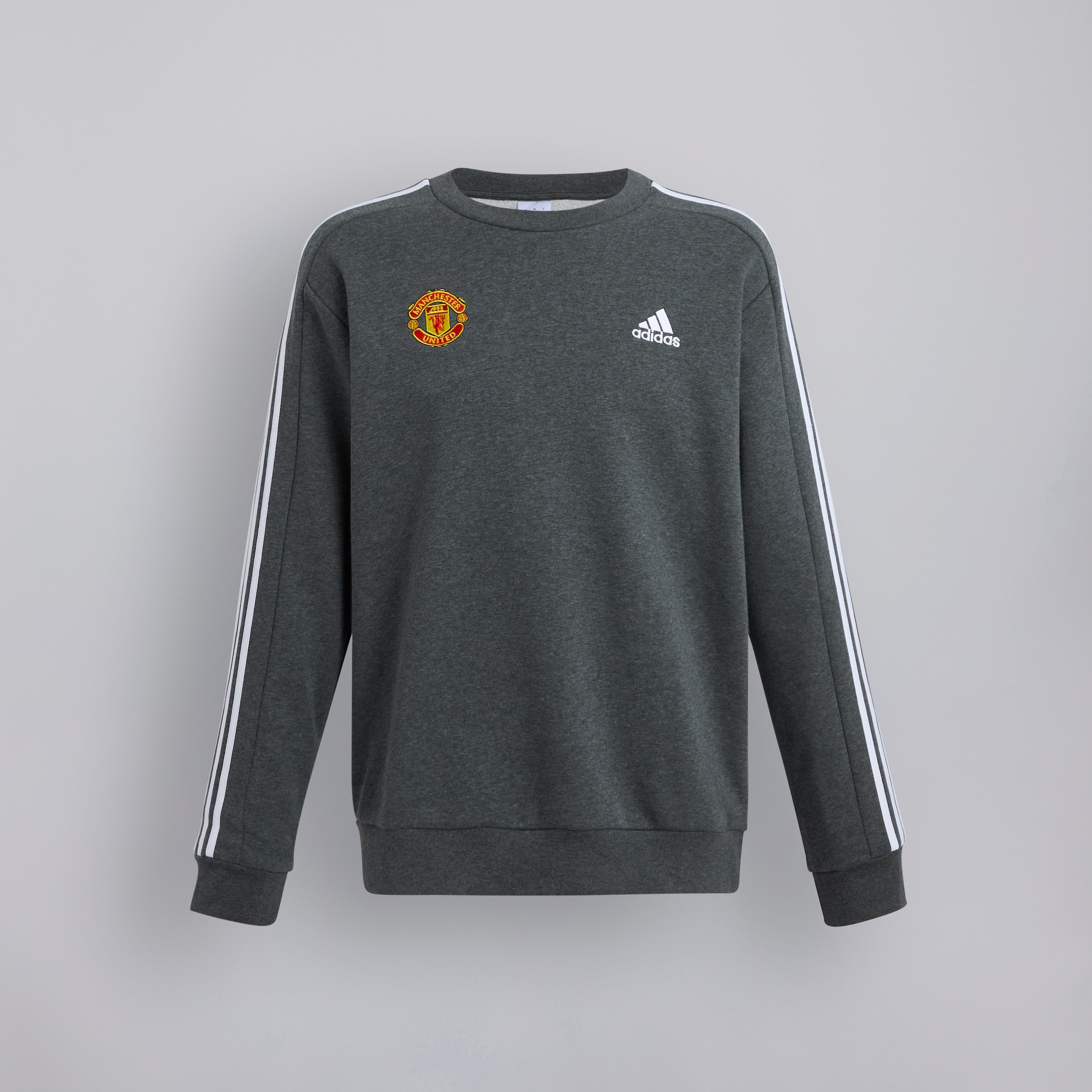 Manchester United x adidas Mens Essentials Fleece 3 Stripes Sweatshirt Grey