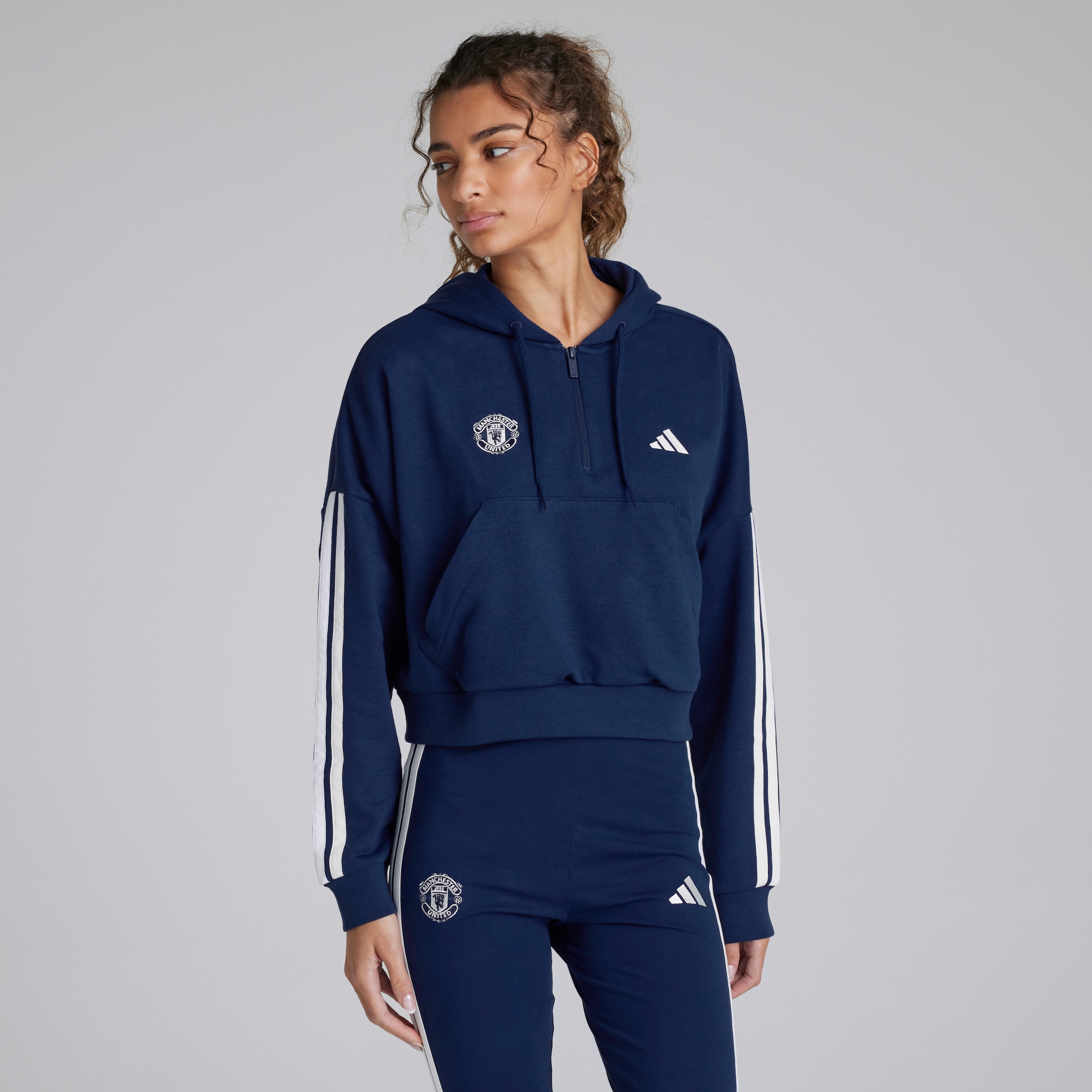 Manchester United x adidas Womens Essentials 3-Stripes French Terry 1/4 Zip Hoodie Blue Bleu