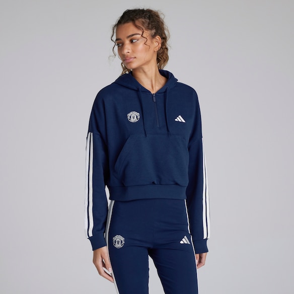 Manchester United x adidas Womens Essentials 3-Stripes French Terry 1/4 Zip Hoodie Blue Blue