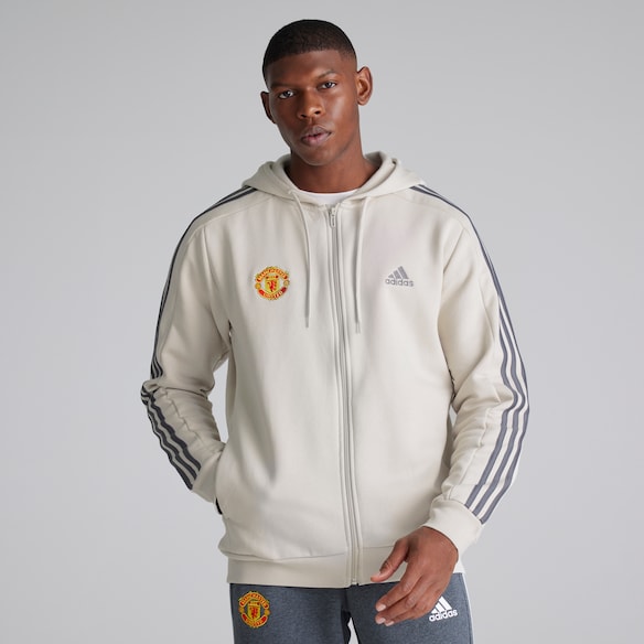 Manchester United x adidas Mens Essentials Fleece 3-Stripes Full Zip Hoodie Off White White