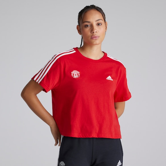 Manchester United x adidas Womens Essentials 3-Stripes Single Jersey Crop Top Red Red