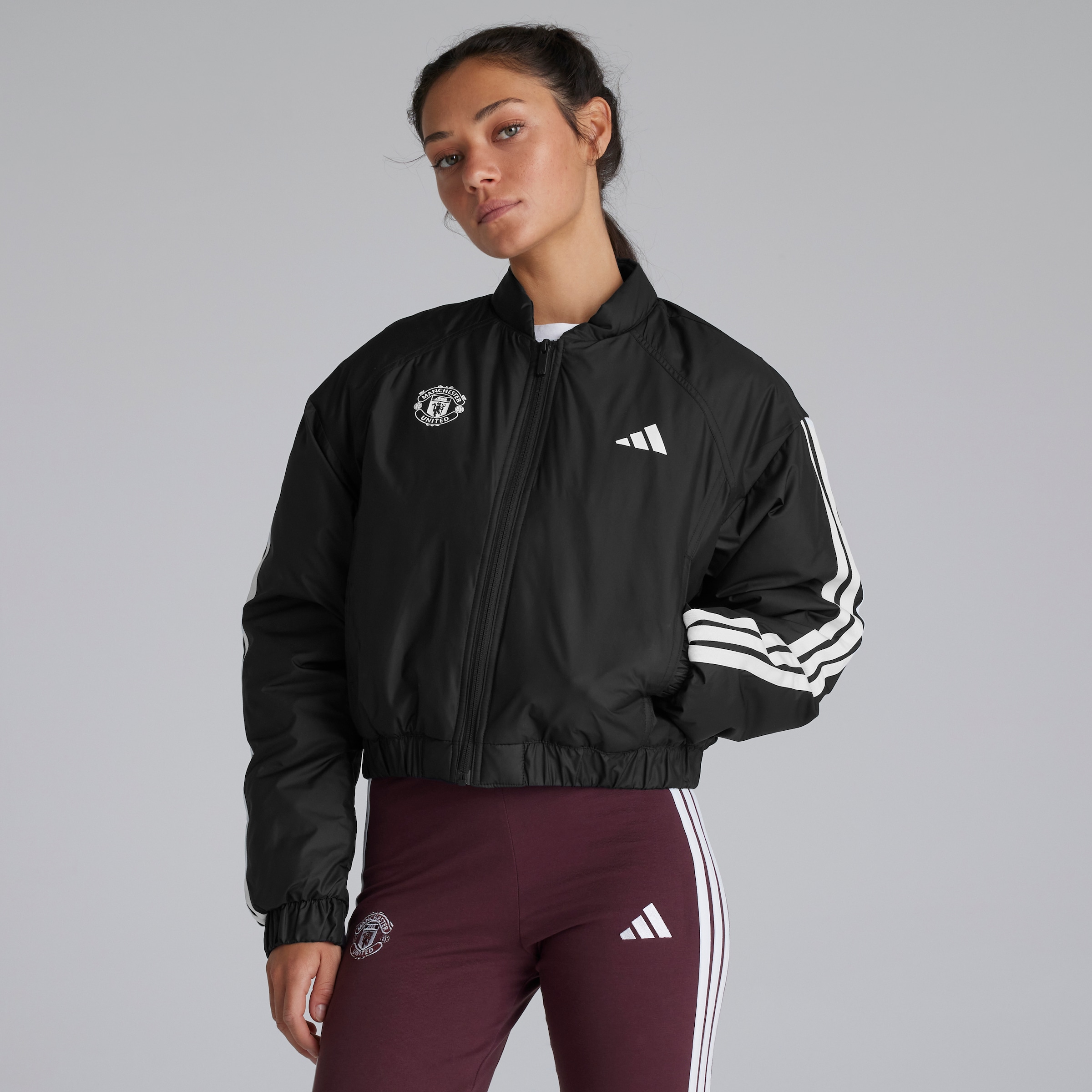 Manchester United x adidas Womens Essentials 3S Insulated Cropped Bomber Jacket Black Black