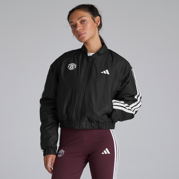 Manchester United x adidas Womens Essentials 3S Insulated Cropped Bomber Jacket Black Black