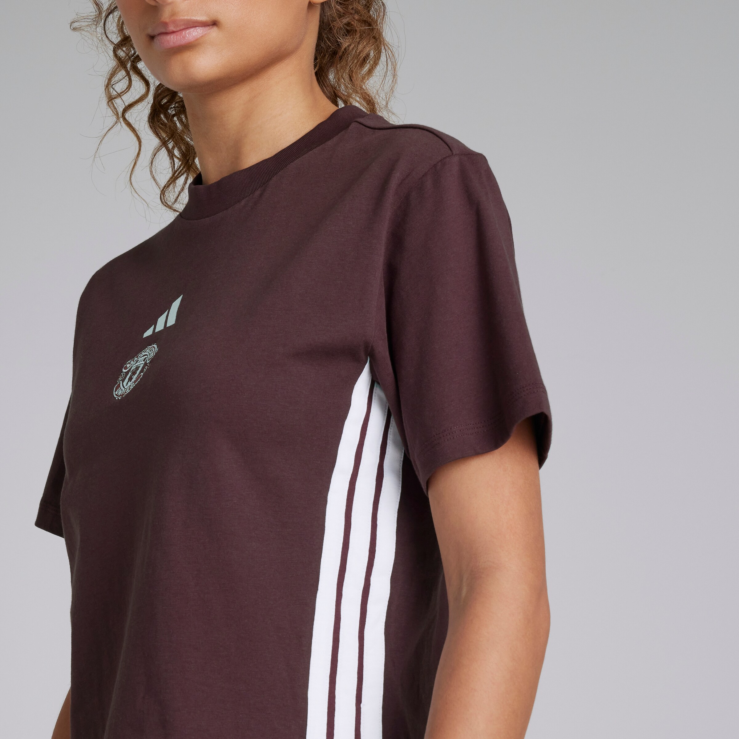 Manchester United x adidas Womens Essentials 3-Stripes Cotton T-Shirt Red Red Detail [4-5]