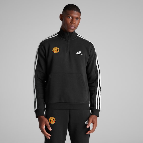Manchester United x adidas Mens Essentials 3-Stripes 1/4 Zip Sweatshirt Black Black